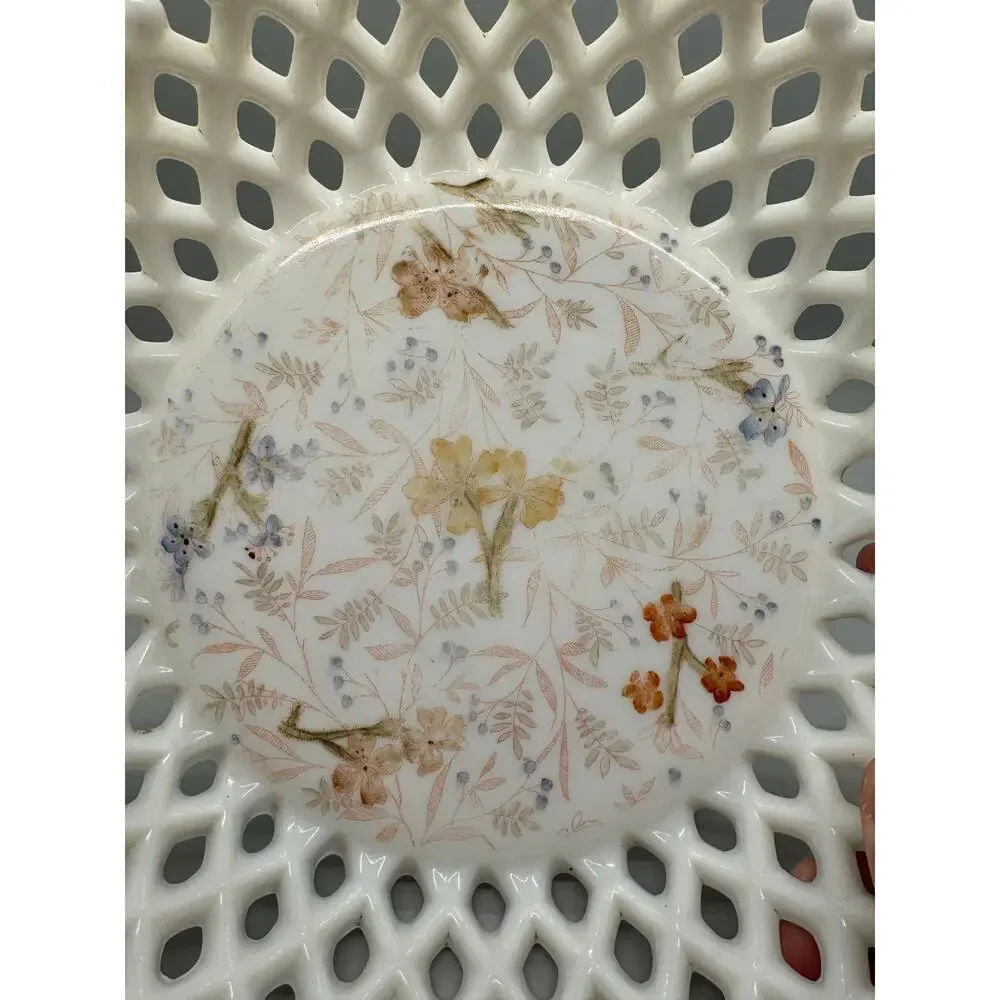 Vtg. Milk Glass Painted Floral Bowl Basket weave Lattice Fruit Compote Open Lace